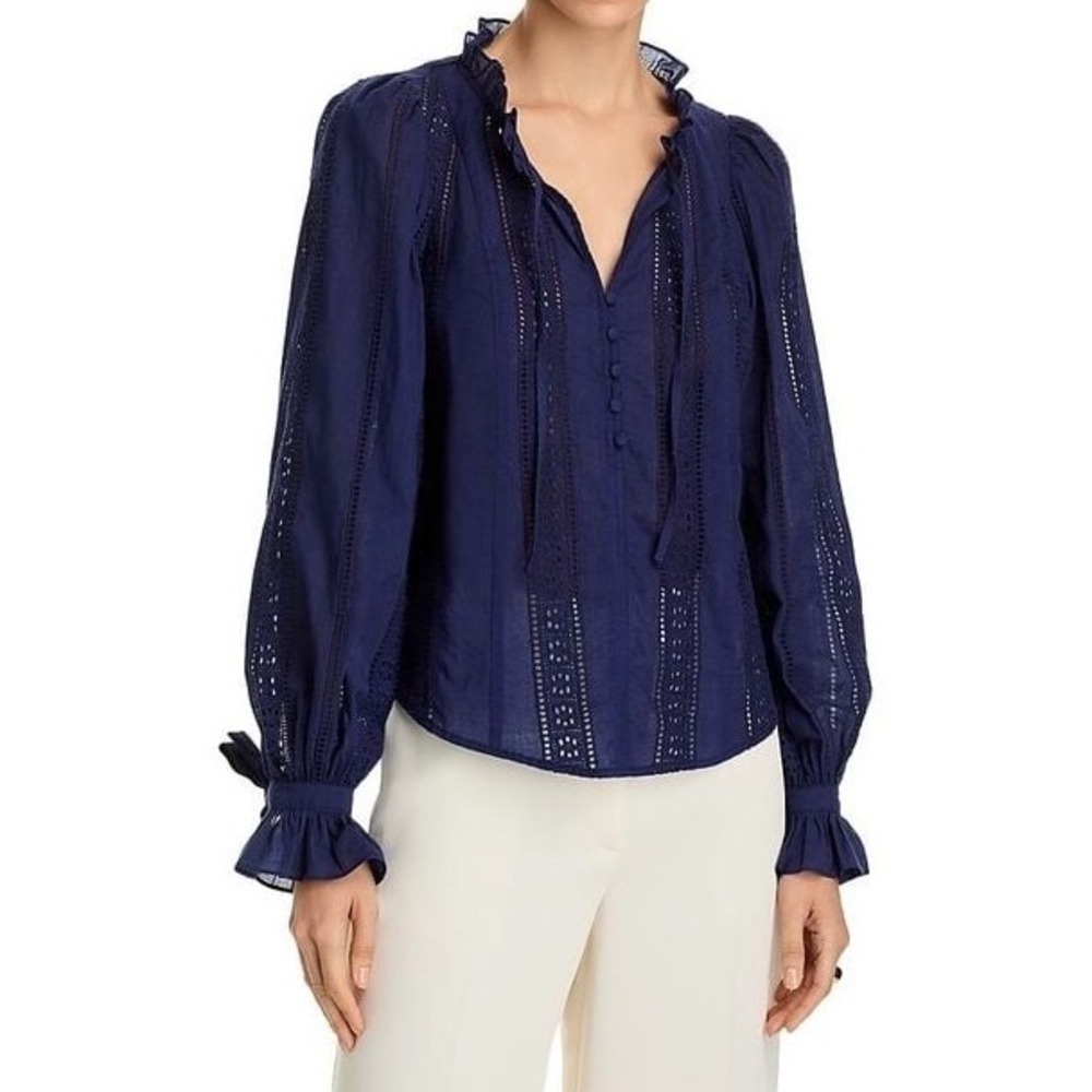 AQUA Eyelet Blouse Ruffle Trim Long Sleeve Navy Blue Top Size S